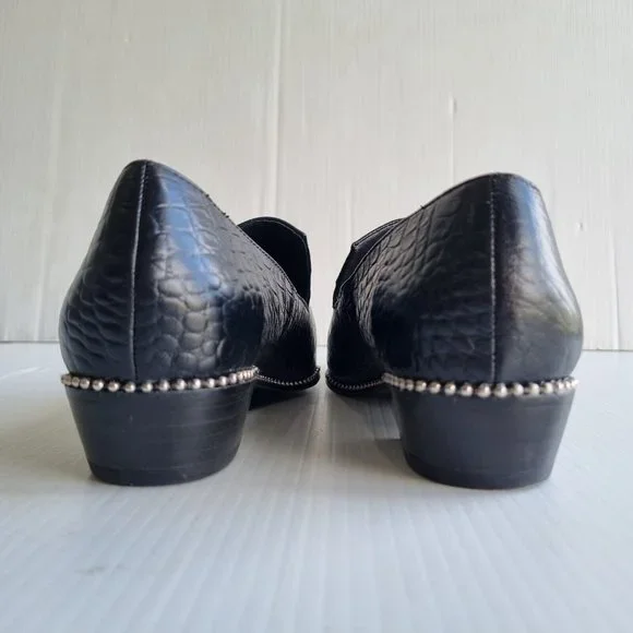 Skin Black Crocodile Print Leather O-Ring Detail Pointed Toe Loafers Size 38 - Picture 6 of 7